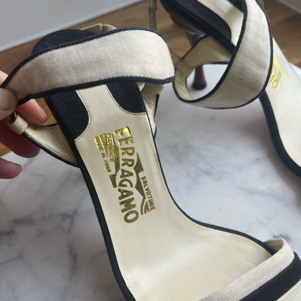 Salvatore Ferragamo Cream & Navy Strappy Heels - Picture 3 of 7